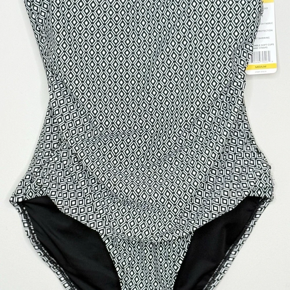 DKNY Women's Removable Straps One Piece Swimsuit Medium‎ Black/White SPF - Picture 5 of 16